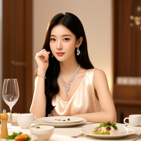 生活瞬间，美女，韩系美女，丝绸，美妆广告，家庭餐桌，4K超清，写实风格，温馨，柔和室内光，细腻皮肤，项链，耳环，手链。