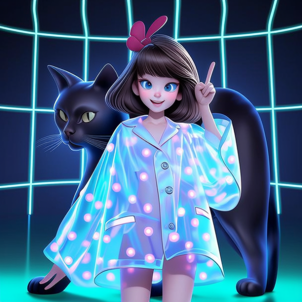 全身，超可爱的女孩，荧光半透明全息睡衣，盲盒，pop-mart设计，夸张的表情和动作，荧光，全息，钻石光泽，金属质感，荧光，全像，格栅后面的一只巨大的猫，明亮的光线，粘土材料，精密机械部件，特写强度，3d，超详细