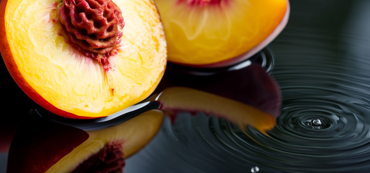 静物摄影，大师摄影，特写镜头，桃子，切开桃子，鲜艳，掉入水面，4K分辨率，写实风格，清新自然，自然光照射，毛绒