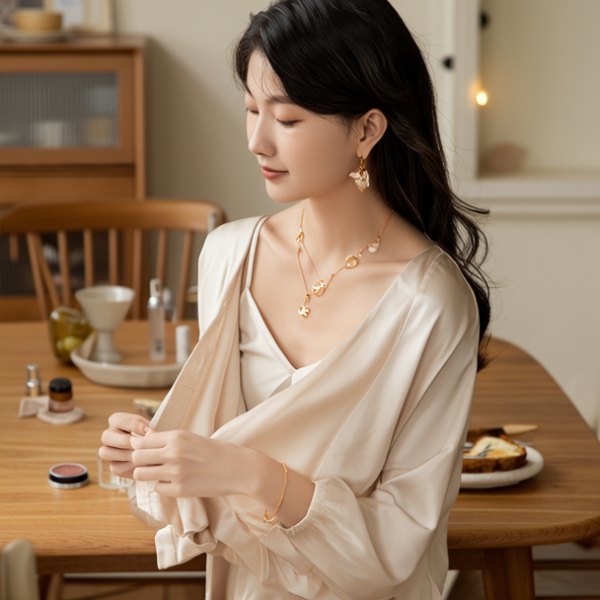 生活瞬间，美女，韩系美女，丝绸，美妆广告，家庭餐桌，4K超清，写实风格，温馨，柔和室内光，细腻皮肤，项链，耳环，手链。脱衣服